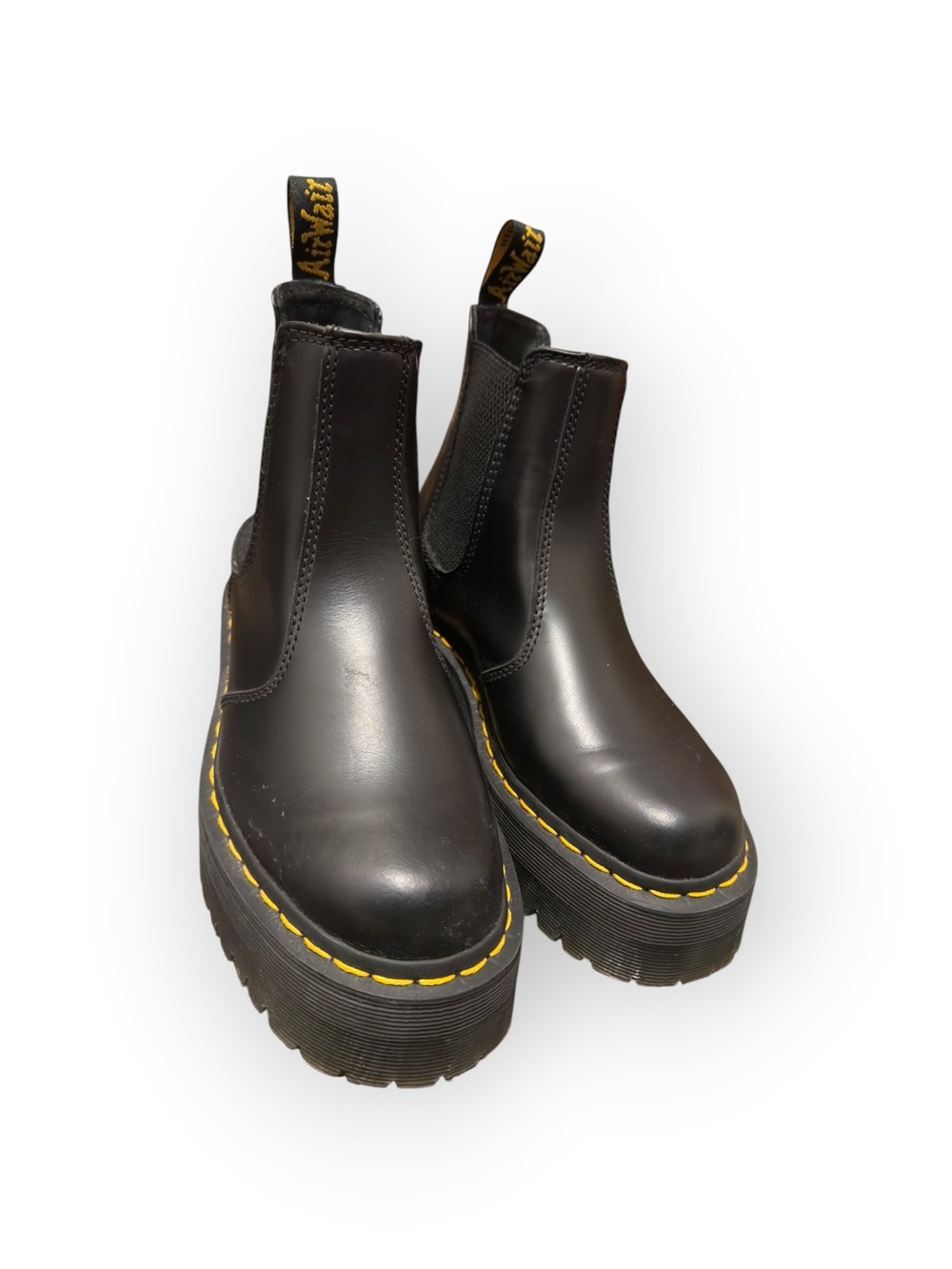 Dr. Martens Black Leather Platform Chelsea Boots with Yellow Stitching